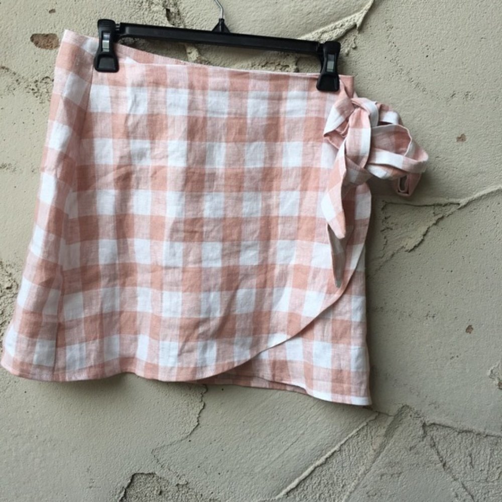 Reformation Side Tie Check Linen Wrap Mini Skirt Size M - Picture 7 of 9